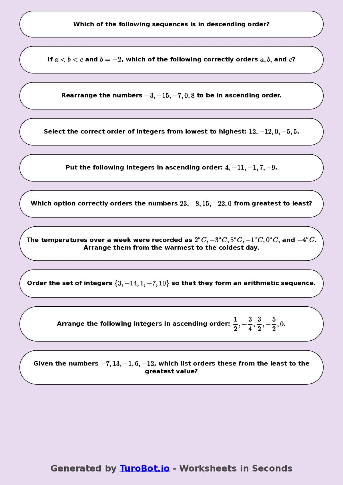 Year 9 Math Worksheet – Ordering Integers