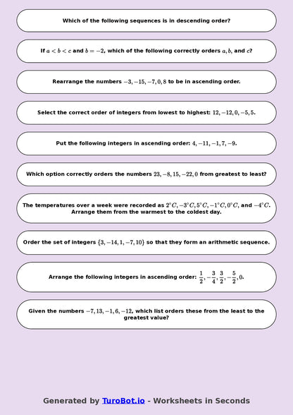 Year 9 Math Worksheet – Ordering Integers