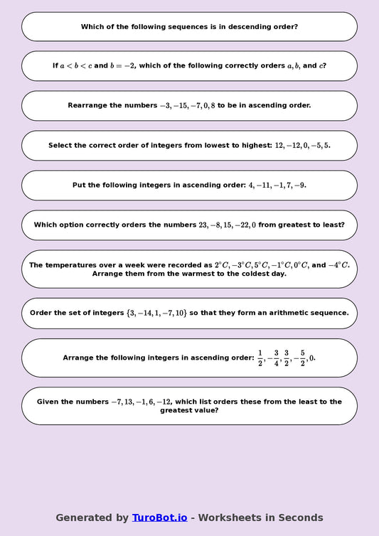 Year 9 Math Worksheet – Ordering Integers