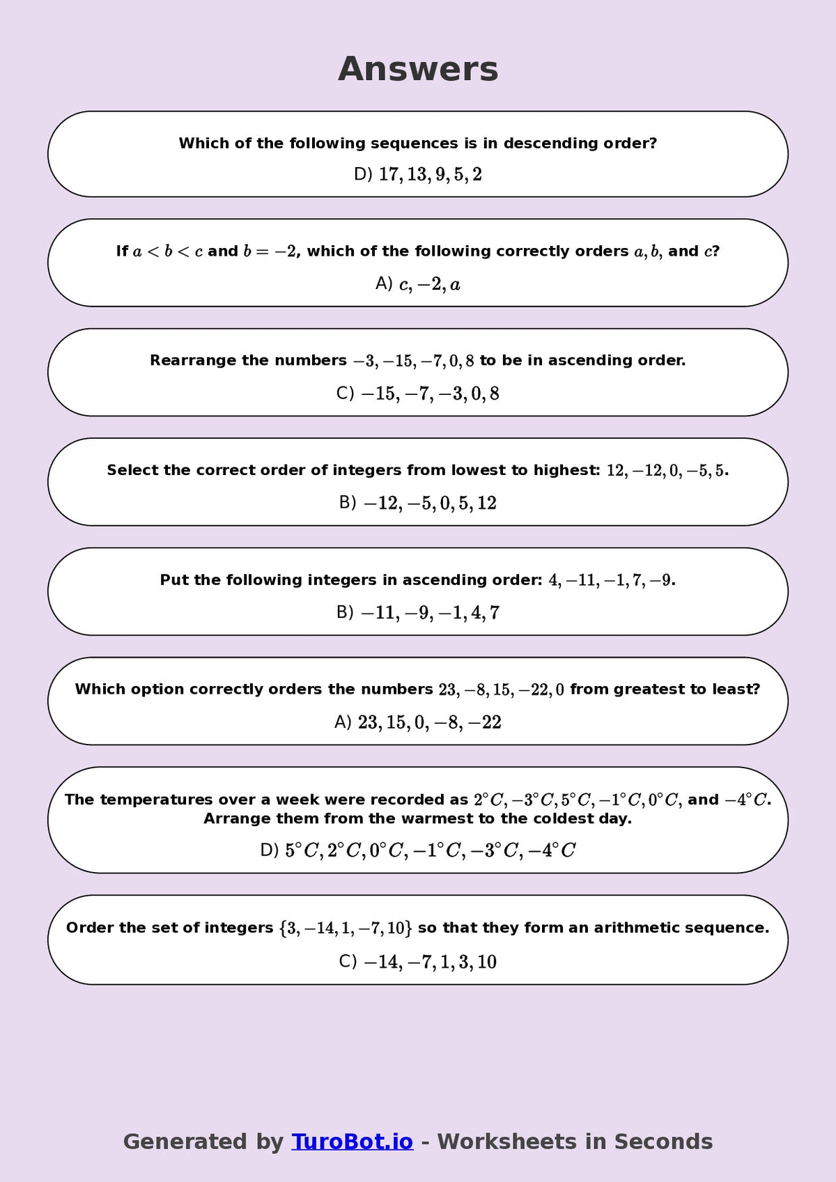 Year 9 Math Worksheet – Ordering Integers