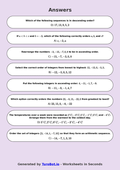 Year 9 Math Worksheet – Ordering Integers