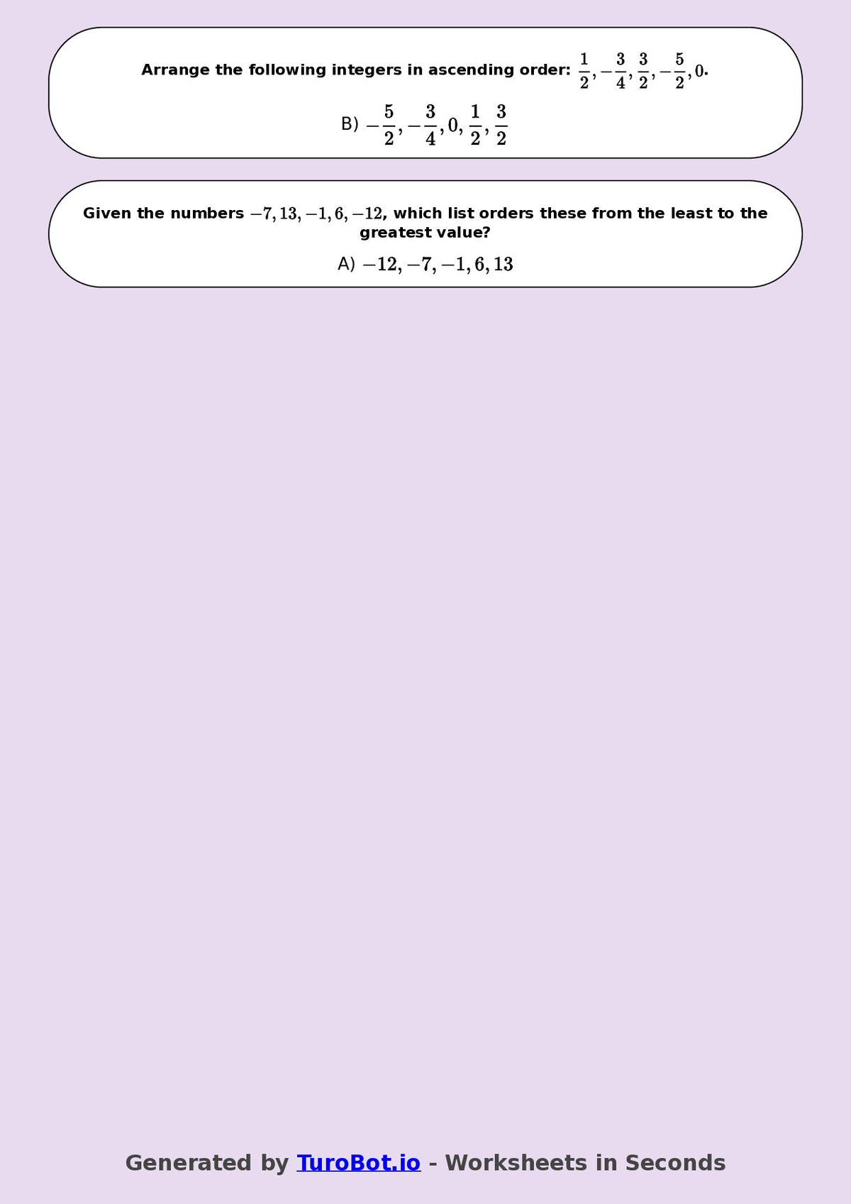 Year 9 Math Worksheet – Ordering Integers