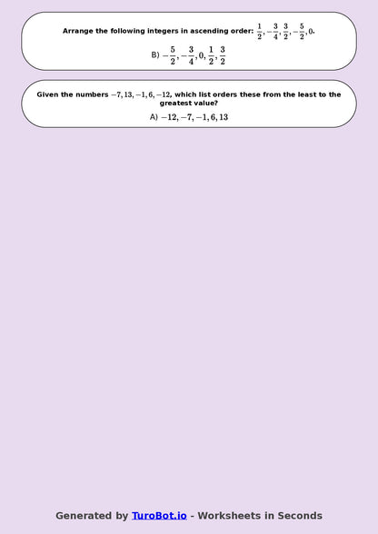 Year 9 Math Worksheet – Ordering Integers