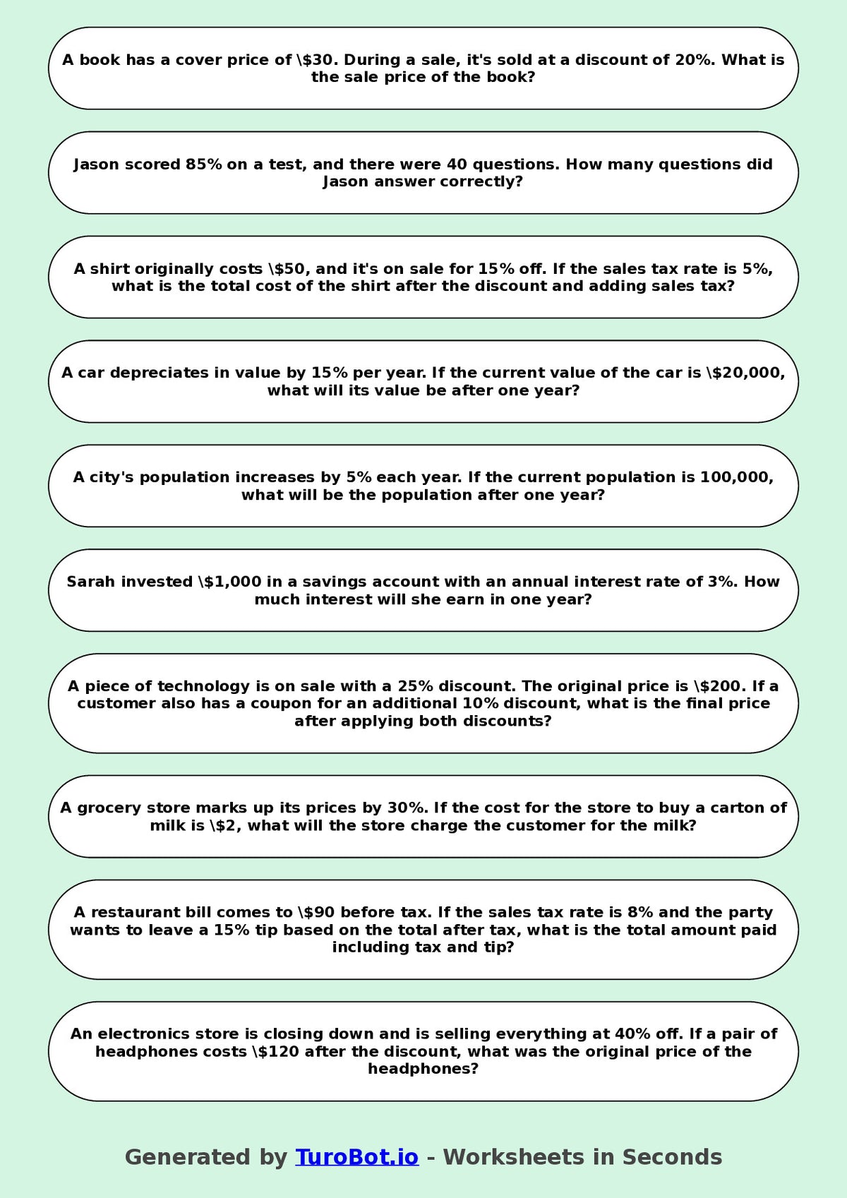 Year 9 Math Worksheet – Percent Word Problems