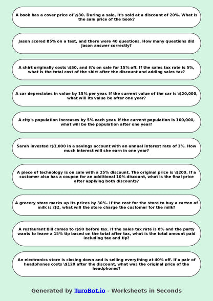 Year 9 Math Worksheet – Percent Word Problems