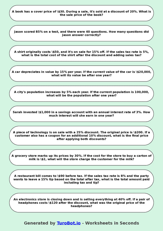 Year 9 Math Worksheet – Percent Word Problems