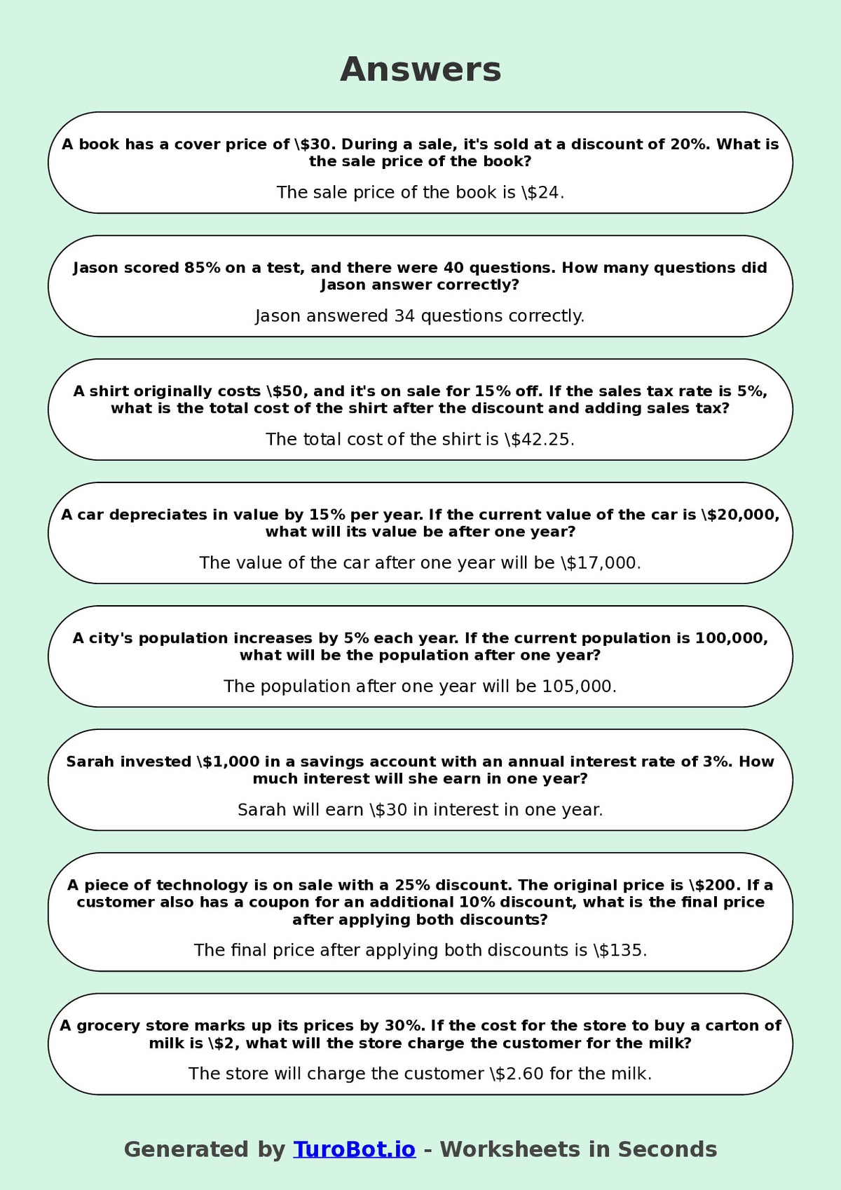 Year 9 Math Worksheet – Percent Word Problems