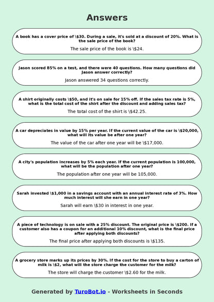 Year 9 Math Worksheet – Percent Word Problems