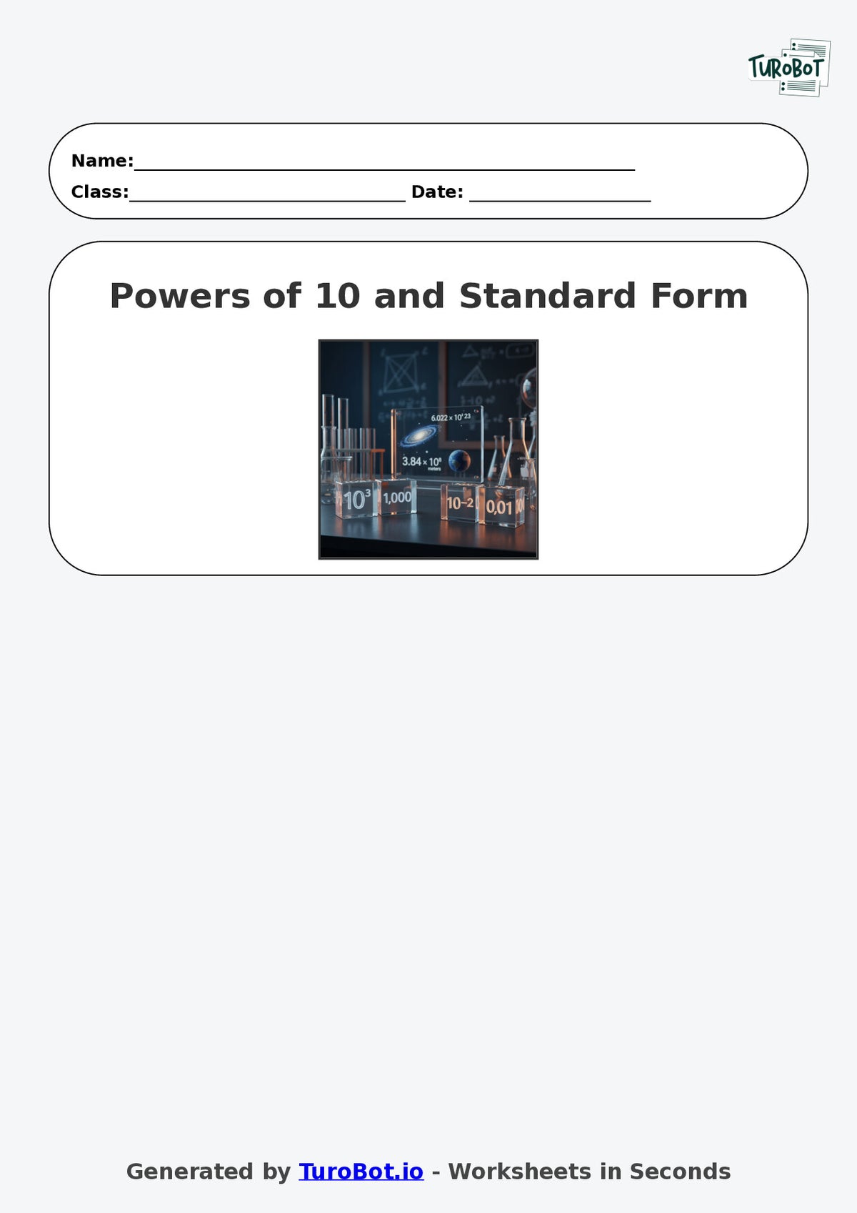 Year 9 Math Multiple Choice Worksheet – Powers of 10 and Standard Form
