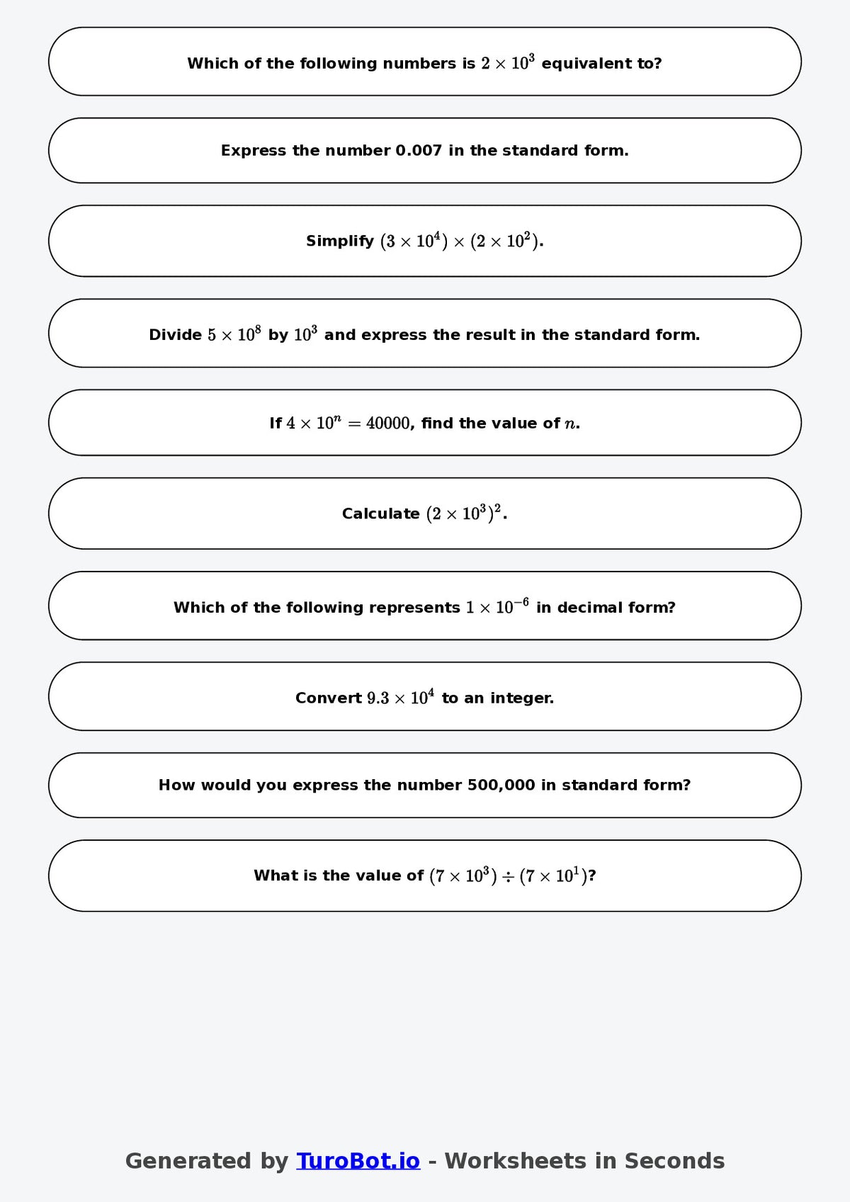 Year 9 Math Multiple Choice Worksheet – Powers of 10 and Standard Form