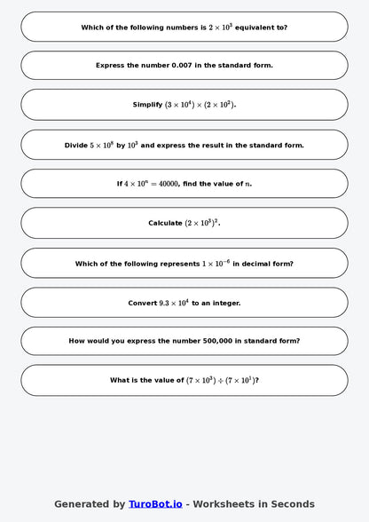 Year 9 Math Multiple Choice Worksheet – Powers of 10 and Standard Form