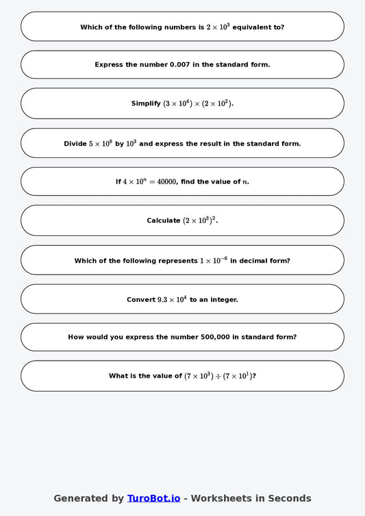 Year 9 Math Multiple Choice Worksheet – Powers of 10 and Standard Form