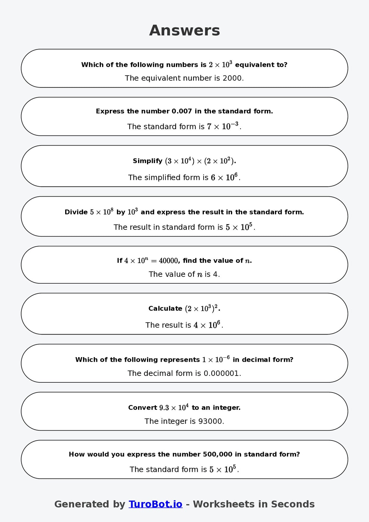 Year 9 Math Multiple Choice Worksheet – Powers of 10 and Standard Form