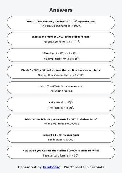 Year 9 Math Multiple Choice Worksheet – Powers of 10 and Standard Form