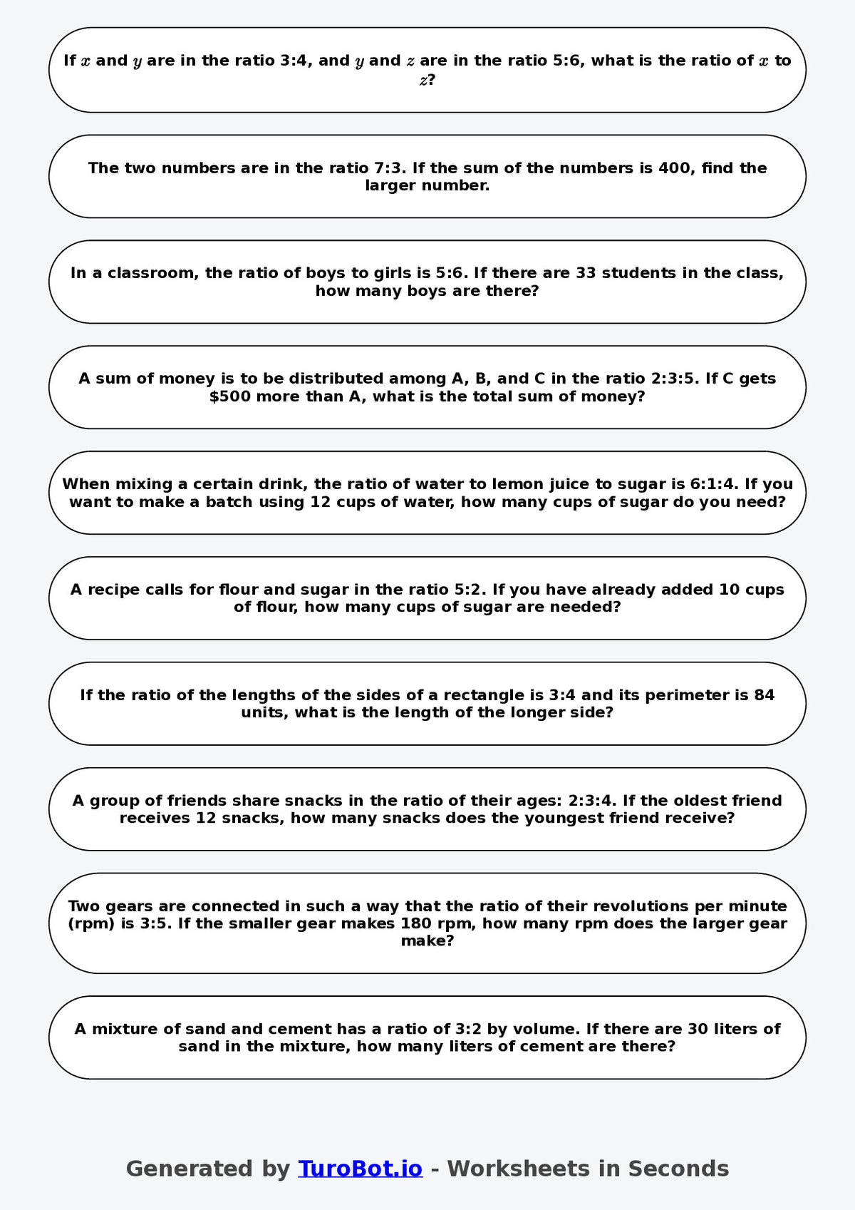 Year 9 Math  Worksheet – Ratios and Fractions Links