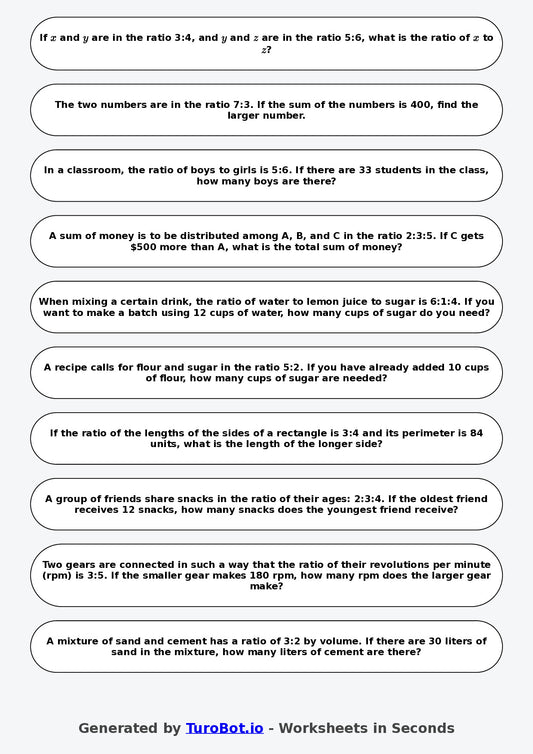 Year 9 Math  Worksheet – Ratios and Fractions Links
