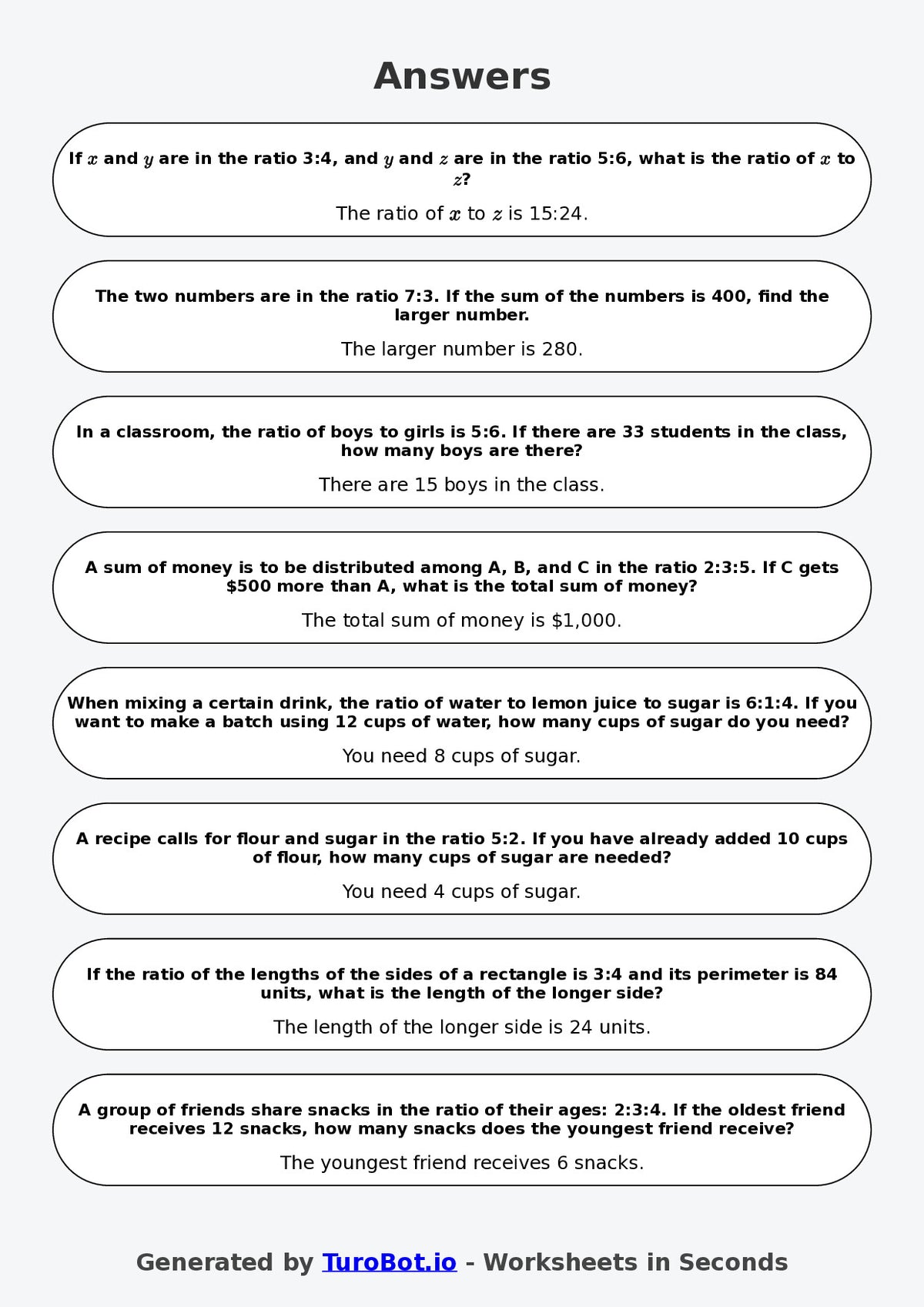Year 9 Math  Worksheet – Ratios and Fractions Links