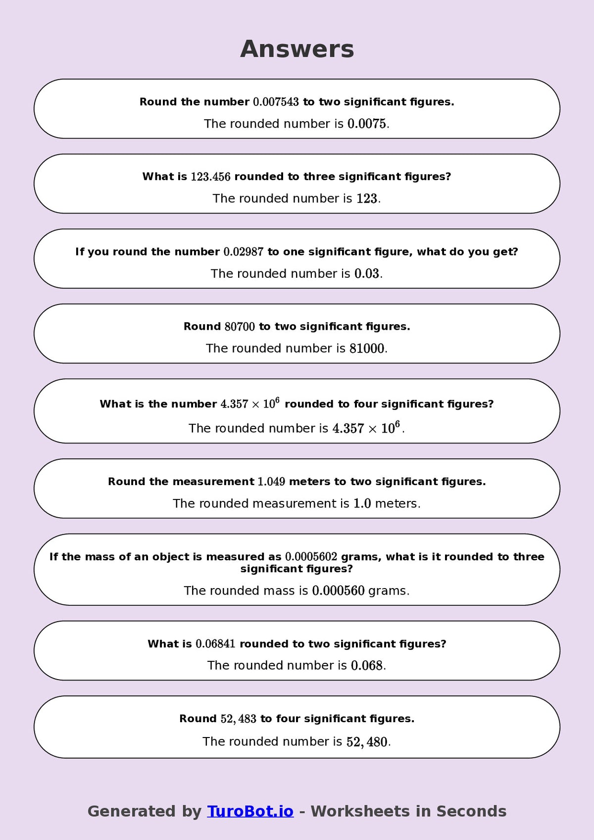 Year 9 Math Worksheet – Rounding to Significant Figures 2