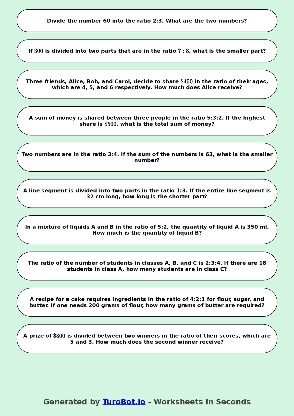 Year 9 Math Worksheet – Sharing in a Ratio