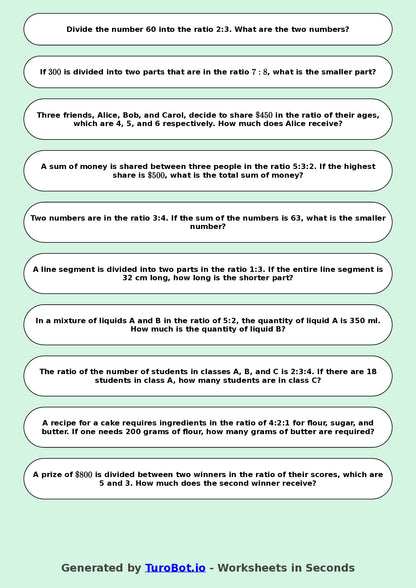 Year 9 Math Worksheet – Sharing in a Ratio