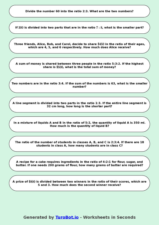 Year 9 Math Worksheet – Sharing in a Ratio