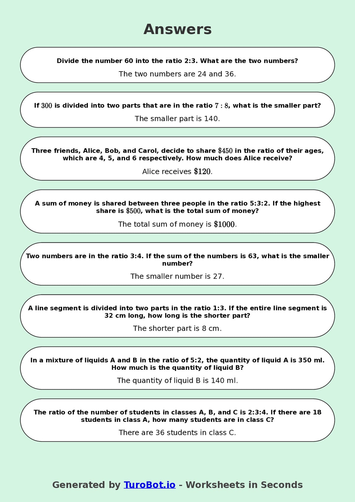 Year 9 Math Worksheet – Sharing in a Ratio