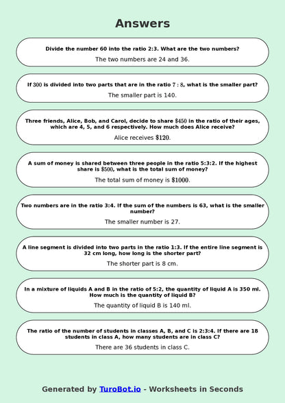 Year 9 Math Worksheet – Sharing in a Ratio
