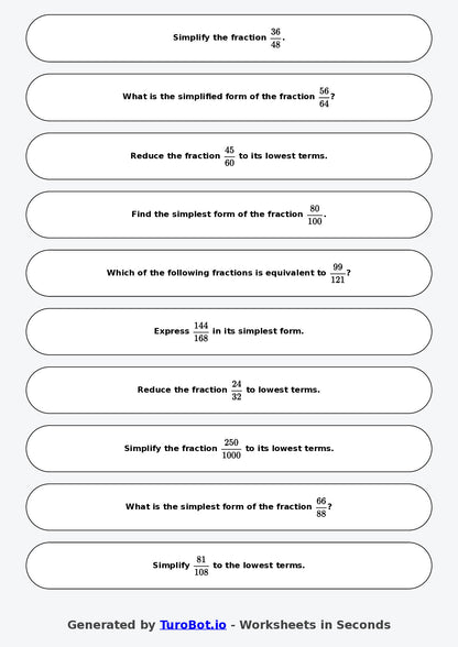 Year 9 Math Worksheet – Simplifying Fractions 2