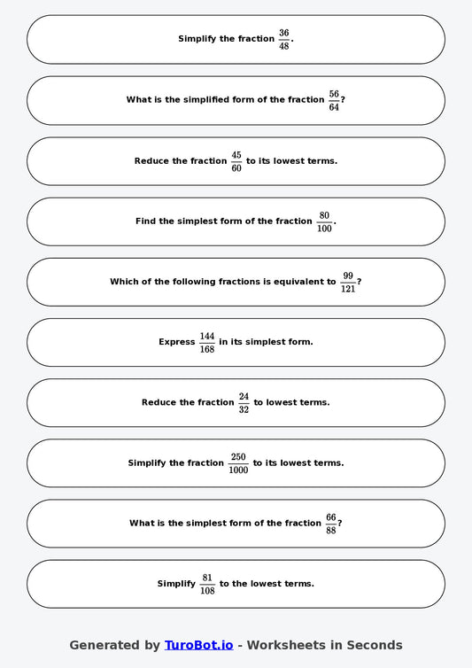 Year 9 Math Worksheet – Simplifying Fractions 2