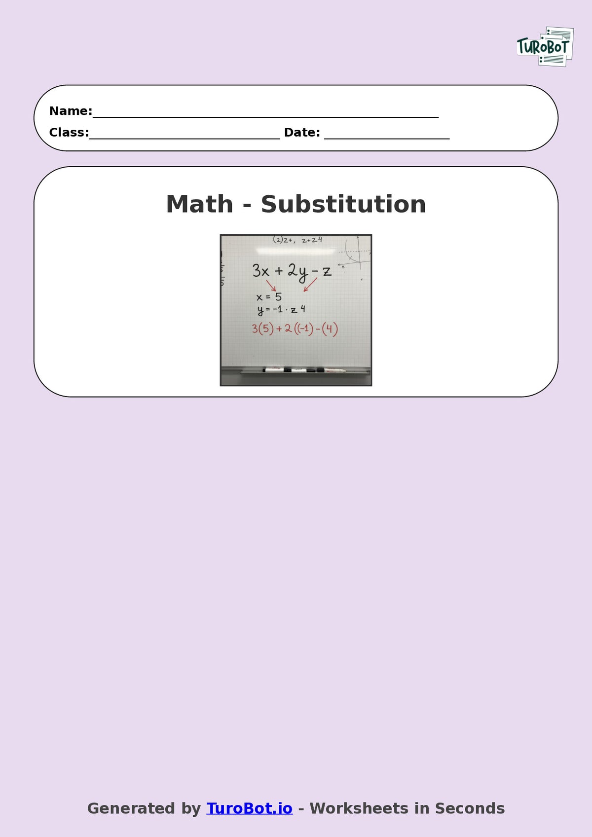 Year 9 Math Multiple Choice Worksheet – Substitution into Expressions