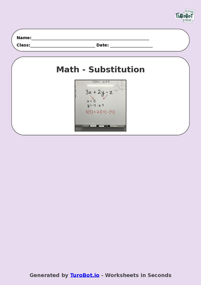 Year 9 Math Multiple Choice Worksheet – Substitution into Expressions