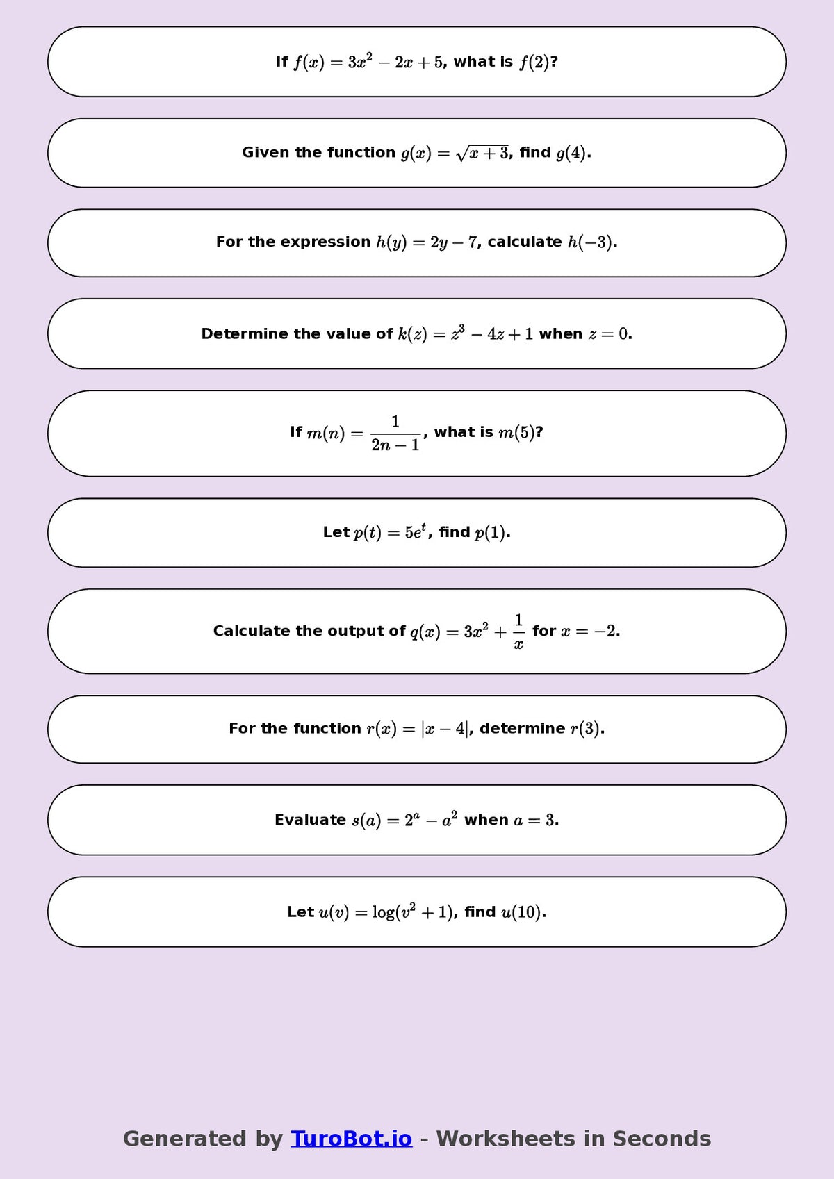 Year 9 Math Multiple Choice Worksheet – Substitution into Expressions