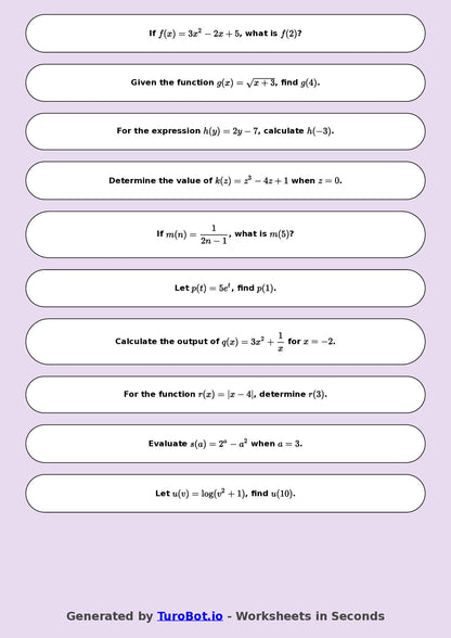 Year 9 Math Multiple Choice Worksheet – Substitution into Expressions