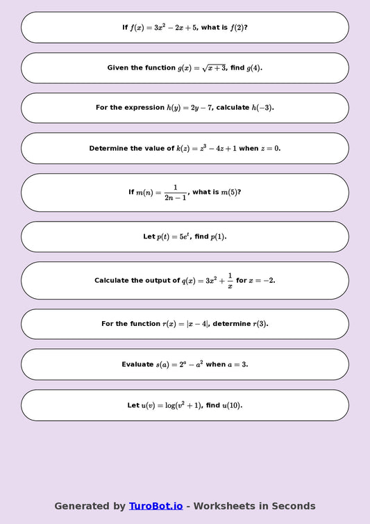 Year 9 Math Multiple Choice Worksheet – Substitution into Expressions