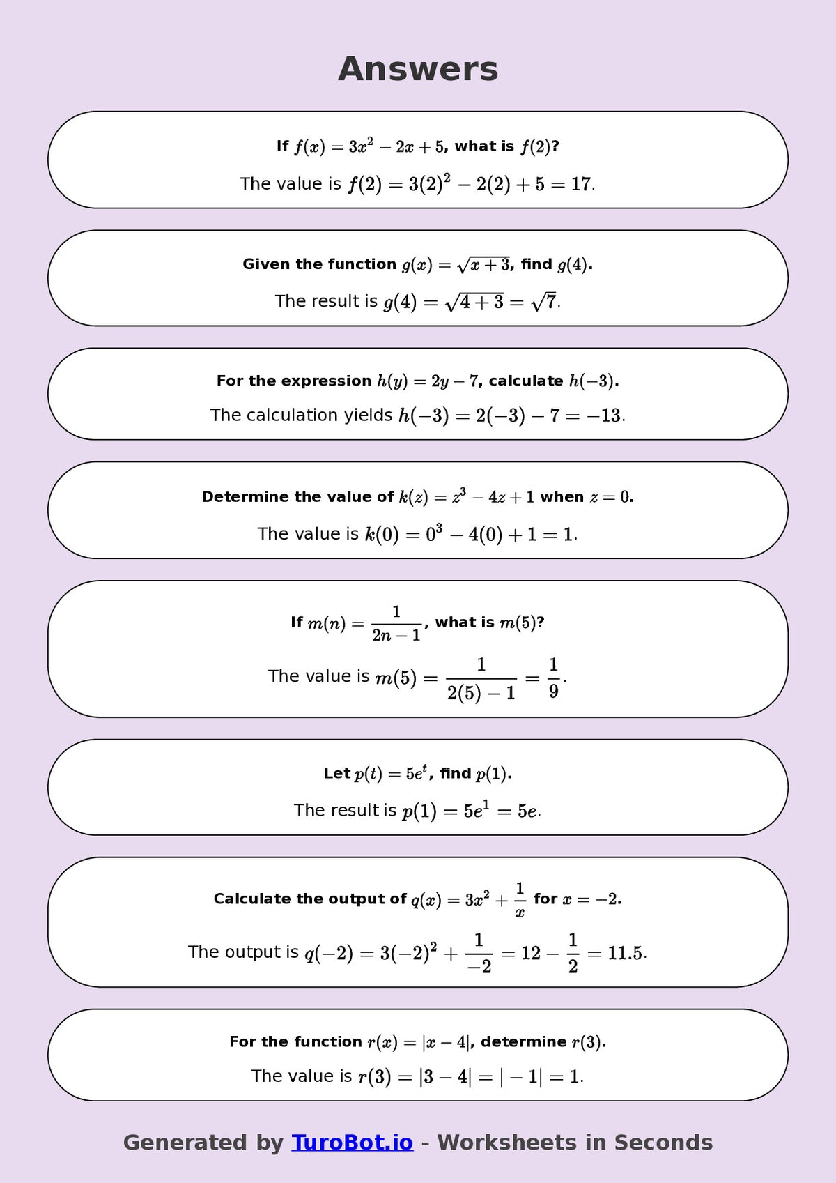 Year 9 Math Multiple Choice Worksheet – Substitution into Expressions