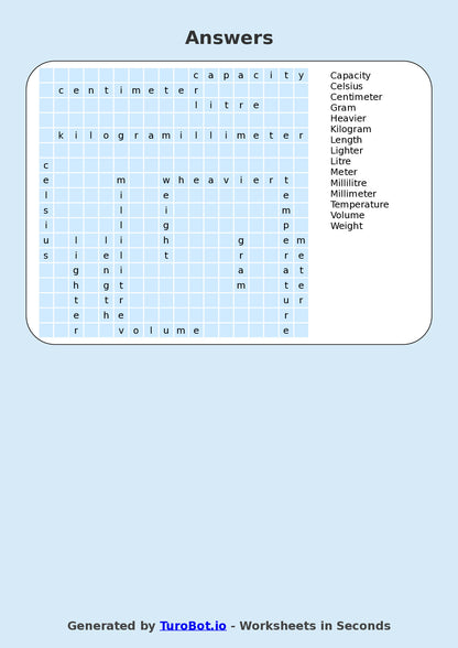 Math - Year 4 - Find a Word - Measurement Units – Free Find a Word Worksheet