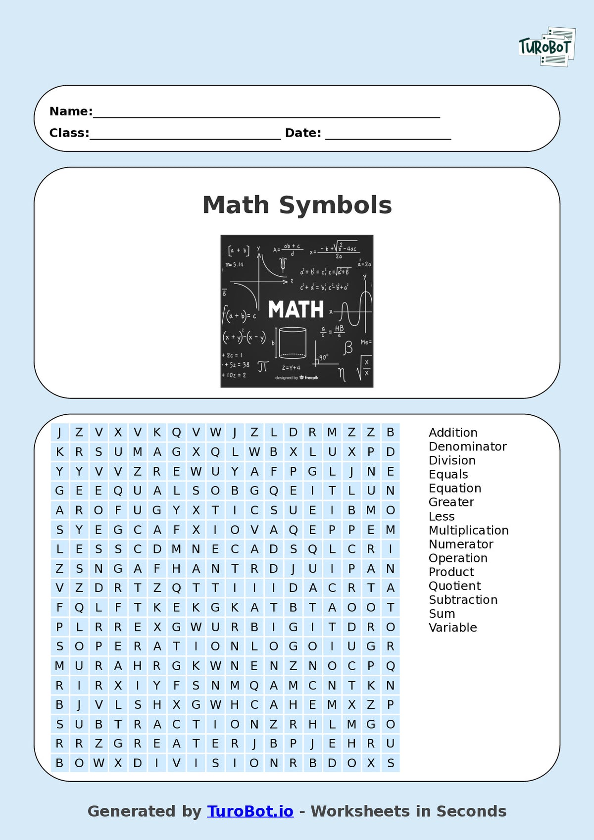 Math - Year 5 - Find a Word - Math Symbols – Free Find a Word Worksheet