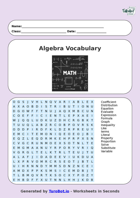 Math - Year 7 - Find a Word - Algebra Vocabulary – Free Find a Word Worksheet