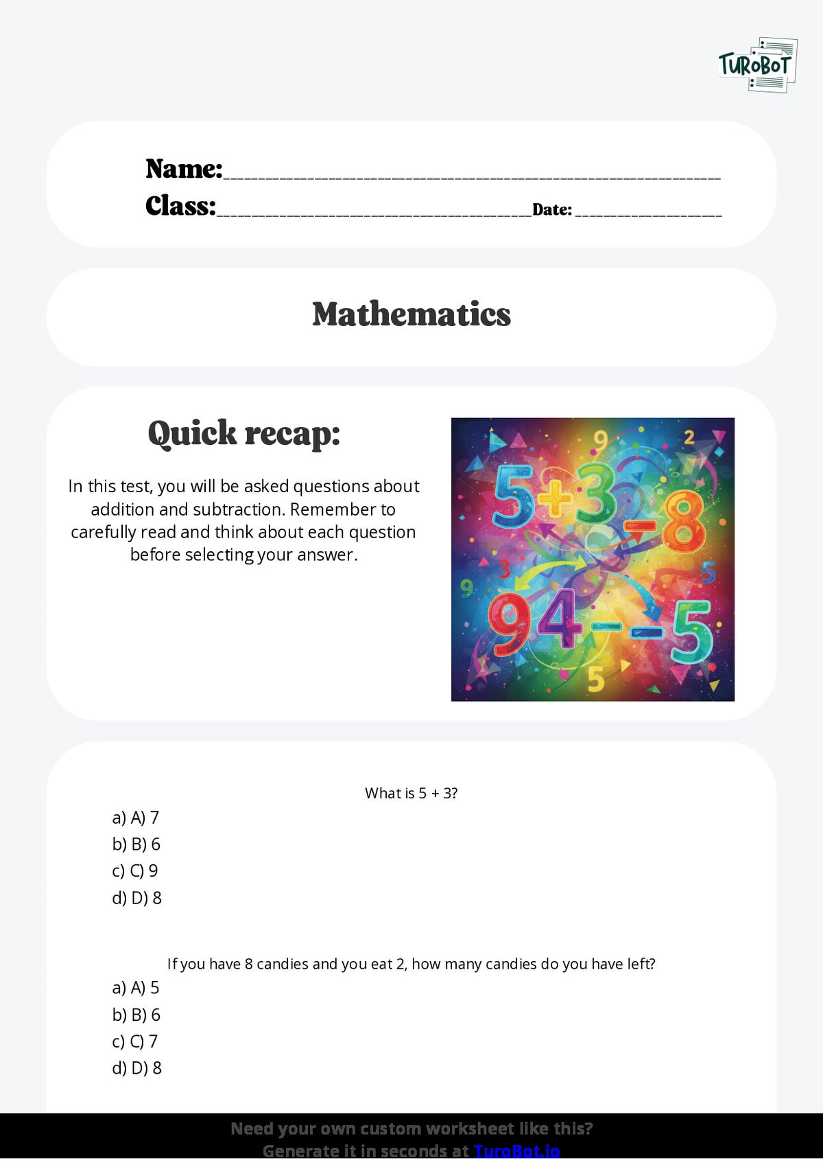 Free Worksheet - Year 2 Mathematics Addition and Subtraction Multiple Choice