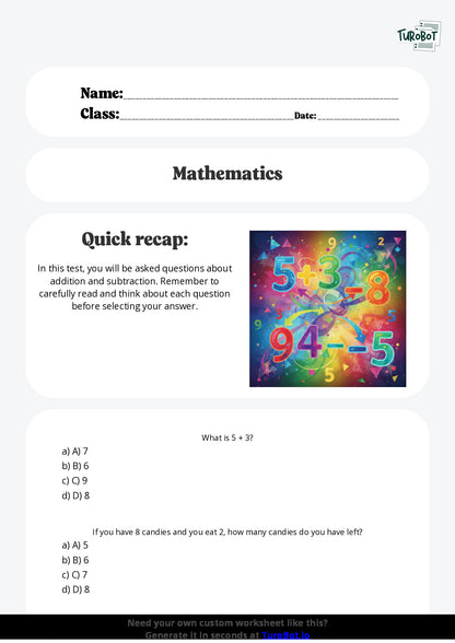 Free Worksheet - Year 2 Mathematics Addition and Subtraction Multiple Choice