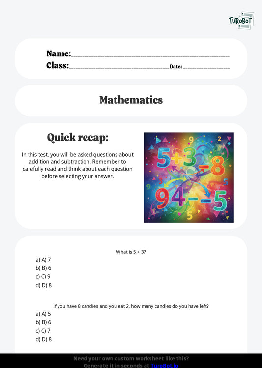 Free Worksheet - Year 2 Mathematics Addition and Subtraction Multiple Choice
