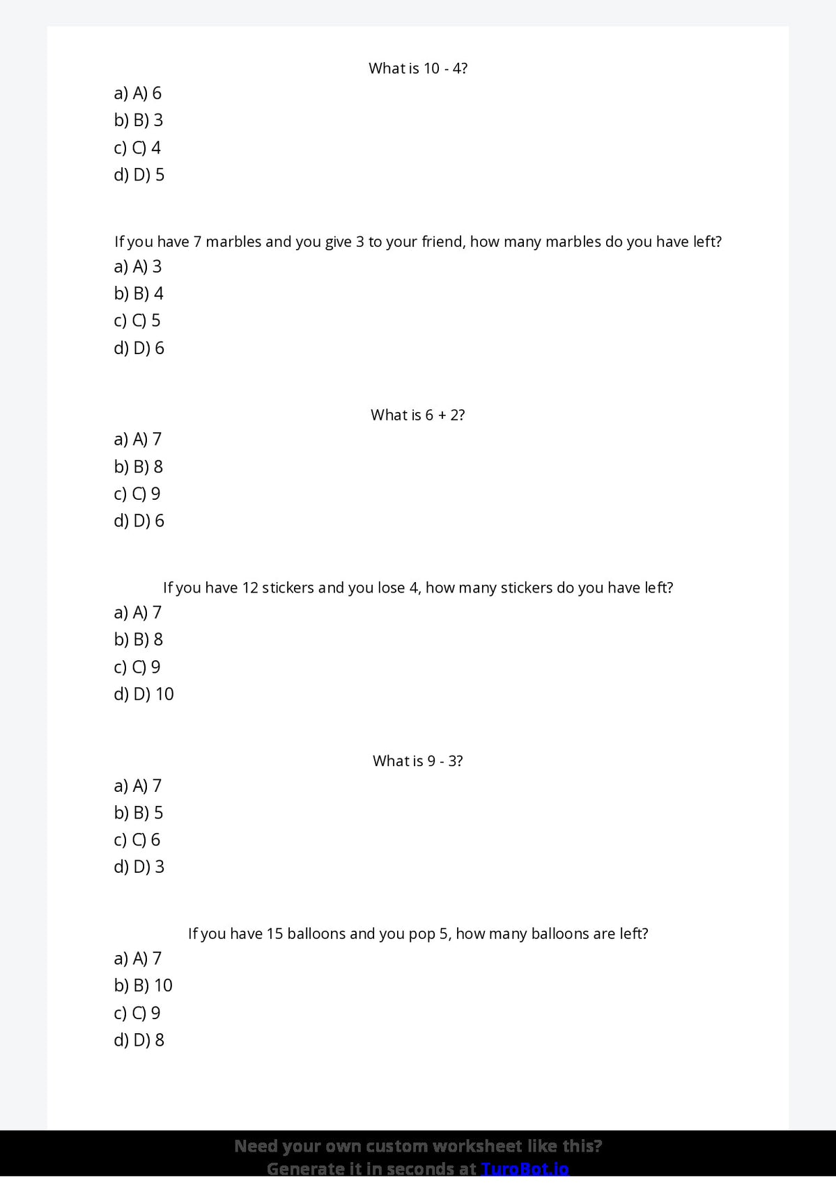 Free Worksheet - Year 2 Mathematics Addition and Subtraction Multiple Choice