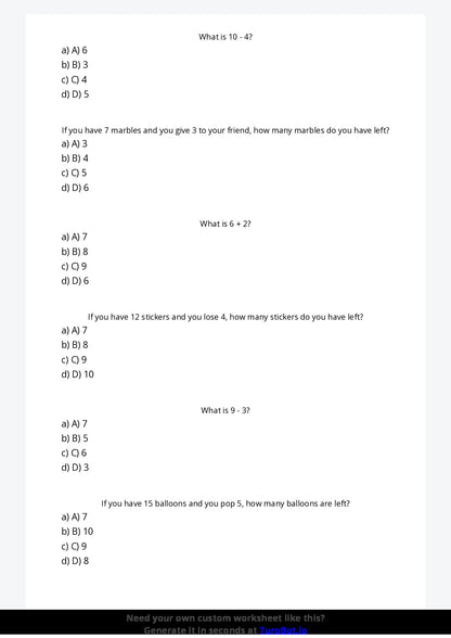 Free Worksheet - Year 2 Mathematics Addition and Subtraction Multiple Choice