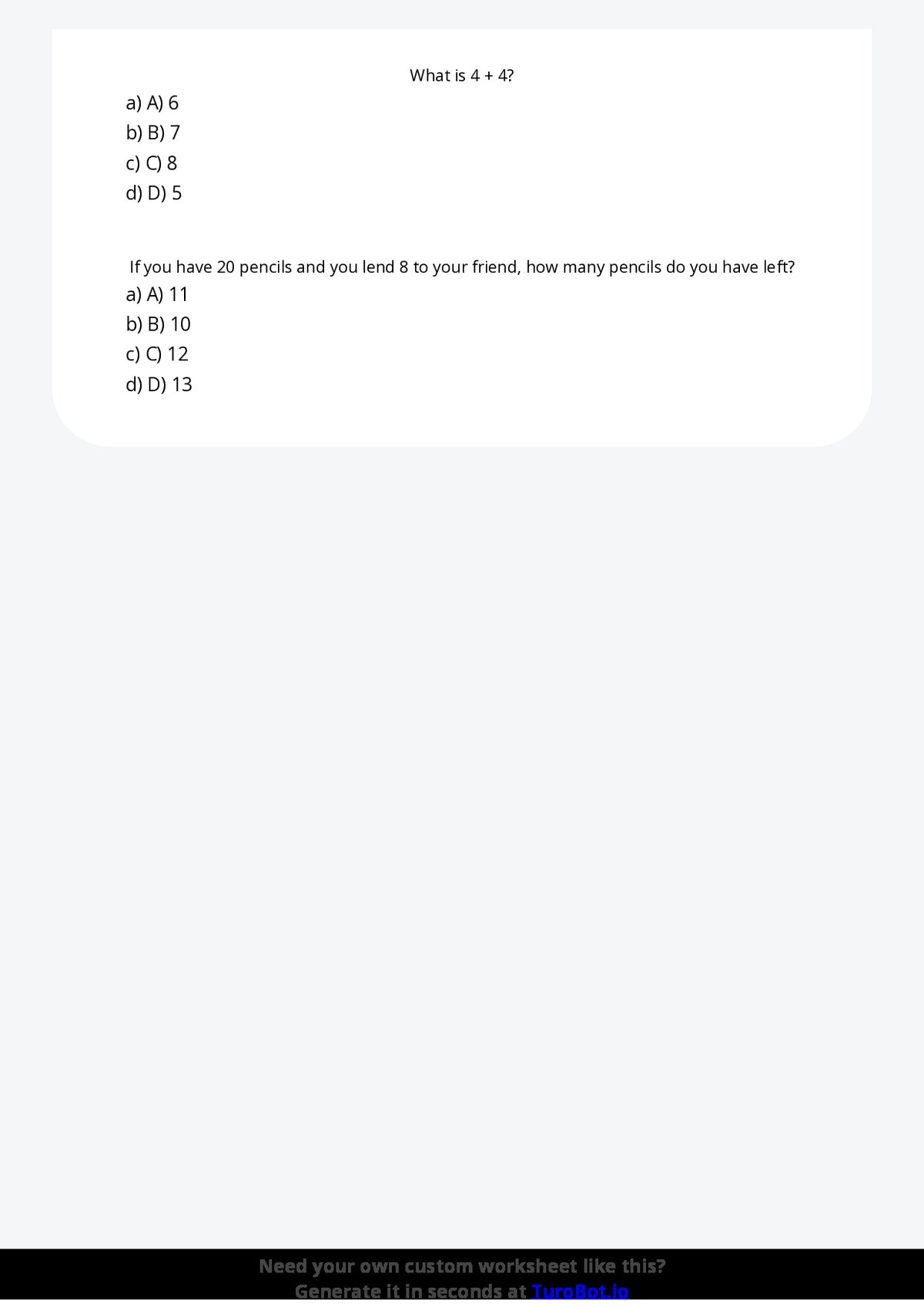 Free Worksheet - Year 2 Mathematics Addition and Subtraction Multiple Choice