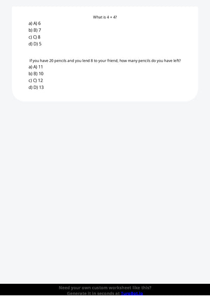 Free Worksheet - Year 2 Mathematics Addition and Subtraction Multiple Choice