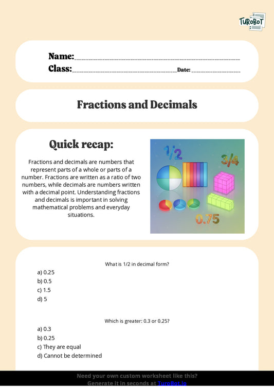 Free Worksheet - Year 4 Mathematics Fractions and Decimals Multiple Choice