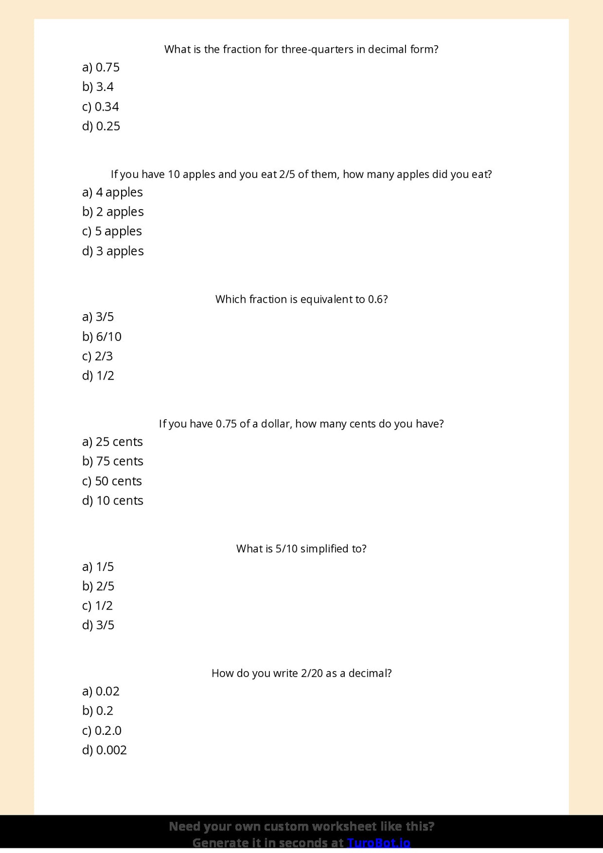 Free Worksheet - Year 4 Mathematics Fractions and Decimals Multiple Choice