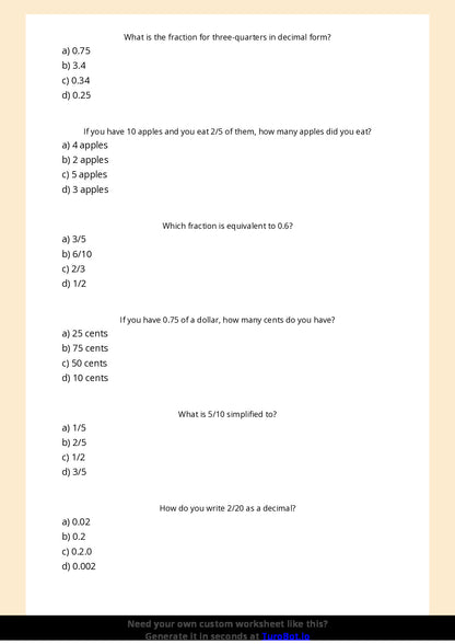 Free Worksheet - Year 4 Mathematics Fractions and Decimals Multiple Choice