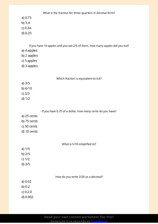 Free Worksheet - Year 4 Mathematics Fractions and Decimals Multiple Choice