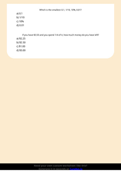Free Worksheet - Year 4 Mathematics Fractions and Decimals Multiple Choice